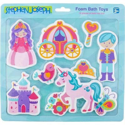 Foam bath toy set by Stephen Joseph featuring a princess, carriage, unicorn, bird, castle, and various accessories for play.