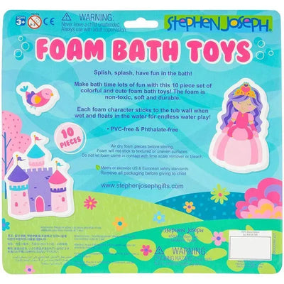 10-piece Stephen Joseph Foam Bath Toy set featuring colorful characters, including a mermaid and castle, designed for fun water play.