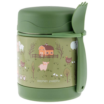 Insulated food jar featuring a green farm-themed design with animals and a barn, includes a spoon.