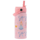 Insulated stainless steel bottle in pink, featuring princess graphics and a handle with a flip-top lid.
