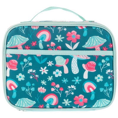Junior lunchbox featuring a colorful mushroom design with flowers and a rainbow on a teal background.
