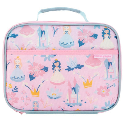 Junior lunchbox featuring a pink design adorned with princesses, flowers, and castles, ideal for kids.