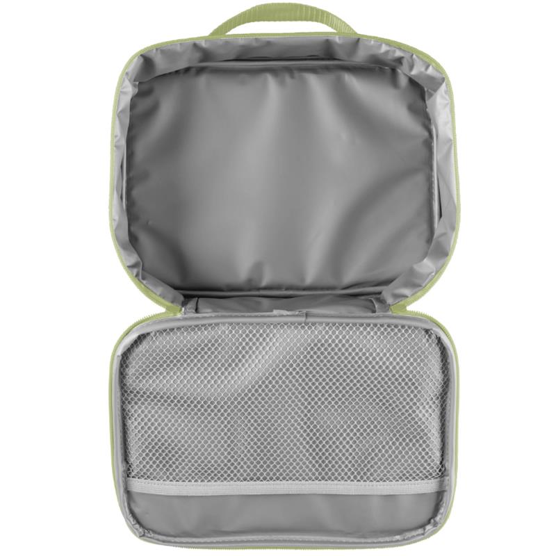 Junior lunchbox featuring a princess design, opened to reveal a spacious gray interior with a mesh pocket.