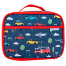 Junior lunchbox by Stephen Joseph featuring a transportation theme with colorful vehicles like cars, trucks, and airplanes on a blue background.