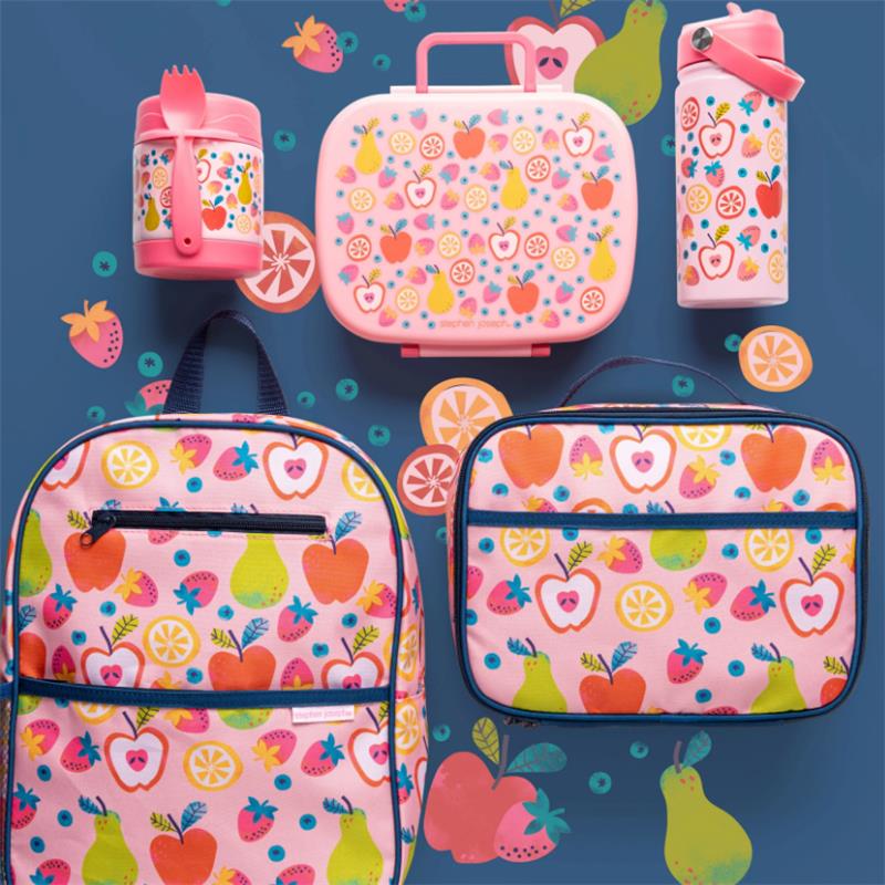 Junior lunchbox set featuring colorful fruit designs, including a lunchbox, lunch bag, water bottle, and snack container.