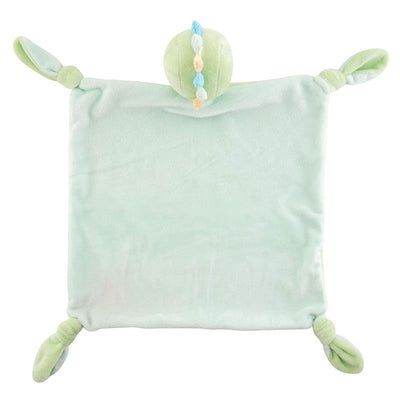 Soft green dinosaur lovey blanket for babies, featuring knotted corners and a textured head.