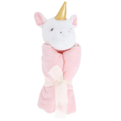 Soft pink plush unicorn blanket with a white unicorn head and gold horn, tied with a ribbon. Ideal for baby girls.