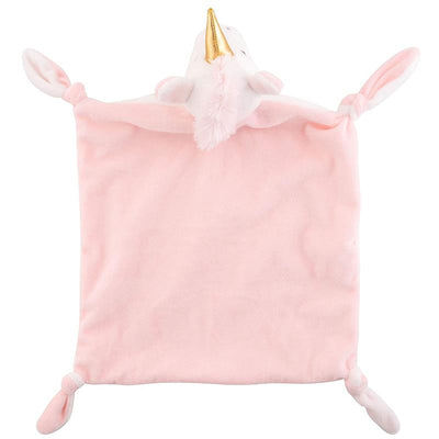 Soft pink baby lovey featuring a unicorn head with a golden horn and floppy ears, ideal for comfort.