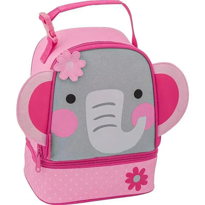 Lunch box designed as an elephant with gray body, pink accents, and a floral detail, ideal for kids.