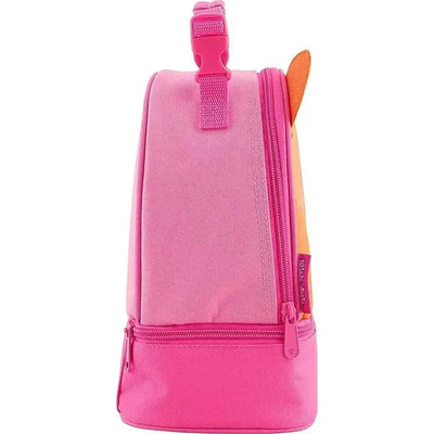 Lunchbox with a pink exterior and elephant design, featuring a zippered compartment and a carrying handle.