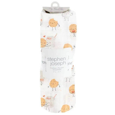 Muslin blanket featuring playful milk and cookie designs, branded Stephen Joseph, measures 47 x 47 inches.