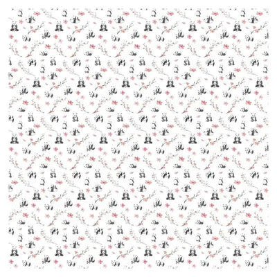Muslin blanket featuring a playful panda design with floral accents in soft colors on a white background.