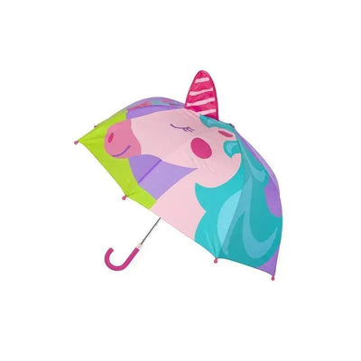 Pop-up umbrella featuring a colorful unicorn design with a pink and green color scheme and a curved pink handle.