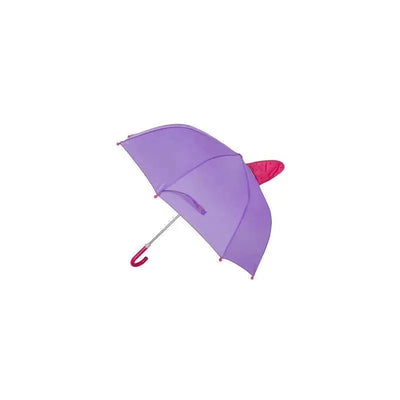 Purple pop-up umbrella with a pink unicorn design, featuring a curved handle and a whimsical top.