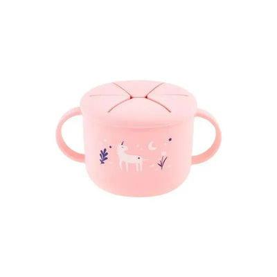 Silicone snack cup in pink with a unicorn design, featuring a lid divided into four sections and two handles.