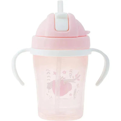 Sippy cup for toddlers with a straw, featuring a pink lid, white handles, and floral designs on a translucent body.