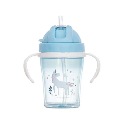 Sippy cup featuring a unicorn design with a blue lid and handles, designed for toddlers with a built-in straw.