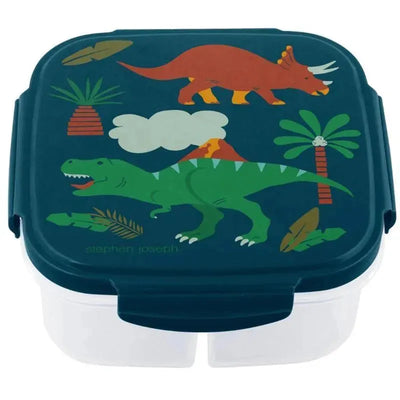 Snack box featuring a colorful dinosaur design with a T-Rex and Triceratops, includes an ice pack for keeping food fresh.