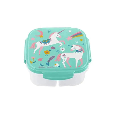 Snack box with ice pack featuring a green lid adorned with unicorns, flowers, and rainbows.