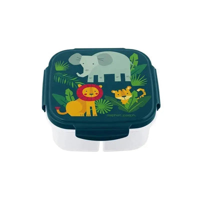 Snack box featuring an elephant, lion, and tiger design on a dark green lid, ideal for kids.