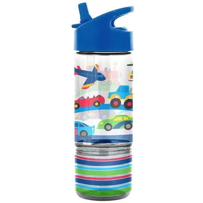 Translucent water bottle featuring colorful transportation graphics, including cars, planes, and trucks, with a blue lid.