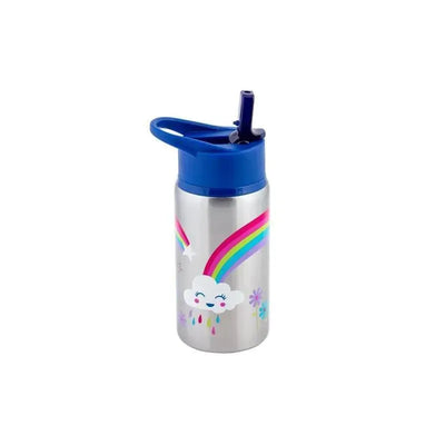 Stainless steel water bottle featuring a rainbow and cloud design, with a blue lid and straw for easy drinking.