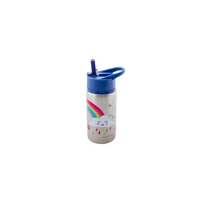 Stainless steel water bottle featuring a rainbow and cloud design, with a blue flip-top lid and straw.