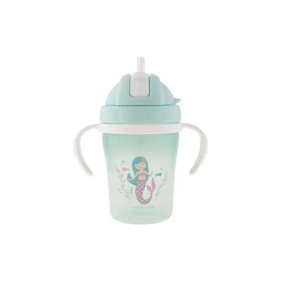 Straw cup featuring a mermaid design on a translucent container with removable handles and spill-proof lid.
