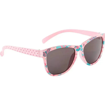 Sunglasses designed for children with a butterfly pattern on a pink frame and dark lenses.