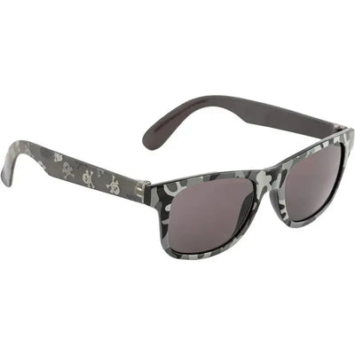 Sunglasses with a pirate camo design featuring skull patterns on the frames and dark lenses.