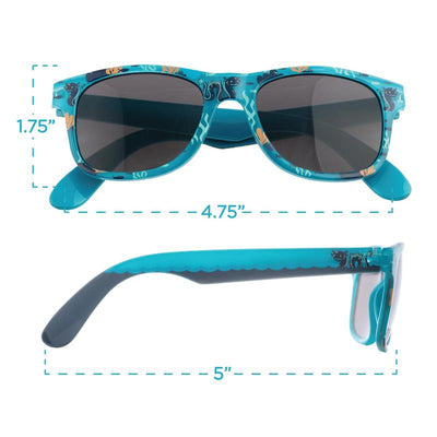 Sunglasses with a sea monster design in vibrant blue, featuring dark lenses and fun colorful patterns.