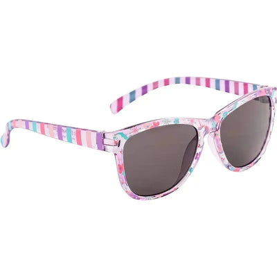 Sunglasses designed for kids featuring a unicorn and colorful striped pattern on the frames.