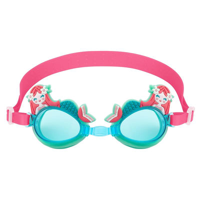 Mermaid-themed swim goggles with a pink strap, featuring colorful mermaid decorations on each side.