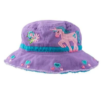 Purple toddler bucket hat featuring a unicorn and floral embroidery, with heart designs around the brim.
