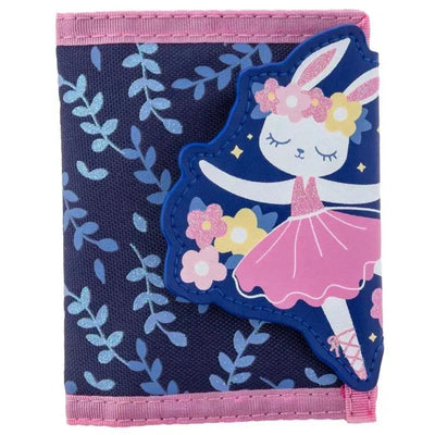 Toddler wallet featuring a pink and blue bunny design with flowers, set against a navy background with leafy patterns.