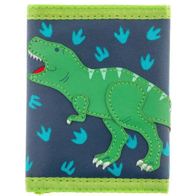 Toddler wallet featuring a vibrant green dinosaur design on a blue background with dinosaur tracks.