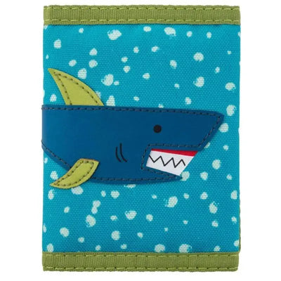 Toddler wallet featuring a blue shark design on a turquoise background with white spots and a green trim.