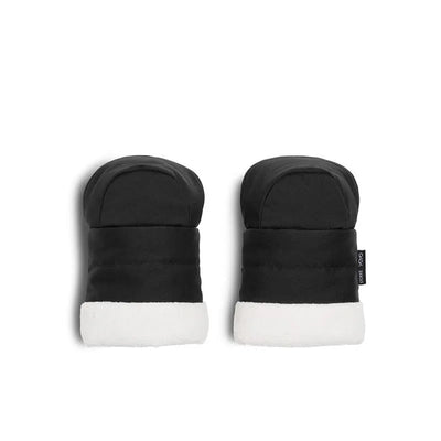 Black Babyzen™ Yoyo mittens featuring a plush white cuff, designed for keeping hands warm in cold weather.