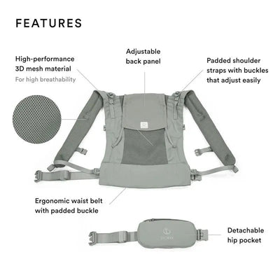 Glacier Green Stokke Limas™ Mesh baby carrier featuring padded straps, adjustable back panel, ergonomic waist belt, and detachable hip pocket.