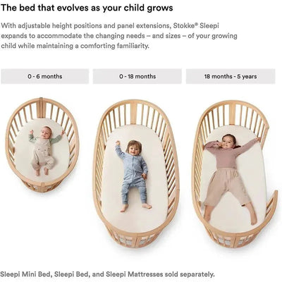 Stokke Sleepi Bed Extension in natural wood, displaying beds for 0-6 months, 0-18 months, and 18 months-5 years, with children in each.