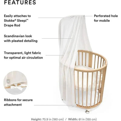 Stokke Sleepi Canopy in White, featuring a Scandinavian design, transparent fabric for airflow, and secure ribbons for attachment.