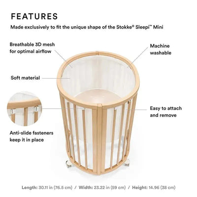 White mesh liner designed for the Stokke Sleepi Mini, featuring breathable material, easy attachment, and anti-slide fasteners.