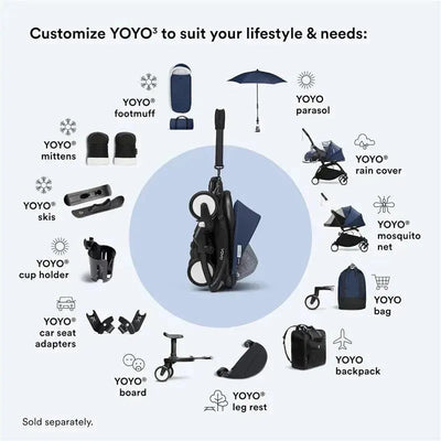 Stokke Yoyo 0+ Newborn Pack in Air France Blue with various accessories, including rain cover, cup holder, and leg rest.