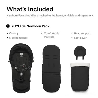 Stokke Yoyo 0+ Newborn Pack in black, including a canopy, 5-point harness, comfortable mattress, head support, and foot cover.