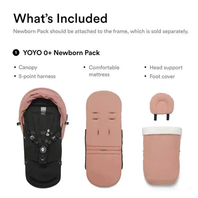 YOYO 0+ Newborn Pack in Ginger, featuring a canopy, 5-point harness, comfortable mattress, head support, and foot cover.