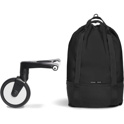 Black Stokke Yoyo Bag beside a black wheel attachment, designed for easy transport and mobility.