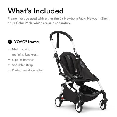 Stokke Yoyo³ frame in white; features multi-position reclining backrest, 5-point harness, shoulder strap, and storage bag.