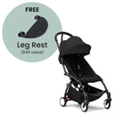 Stokke Yoyo³ 6+ stroller in black frame, with a free leg rest offer displayed beside it.