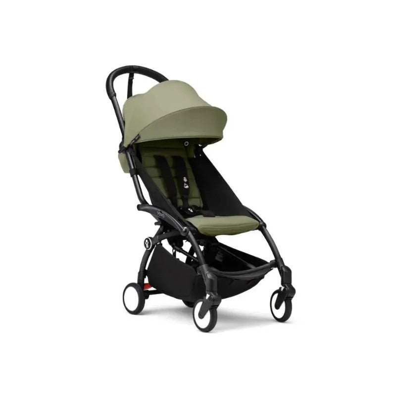 Stokke Yoyo³ stroller with a black frame and olive bundle leg rest, featuring a collapsible design and adjustable canopy.
