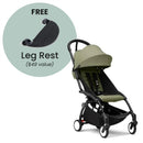 Stokke Yoyo³ stroller in black frame with olive fabric, featuring a free leg rest promotion.